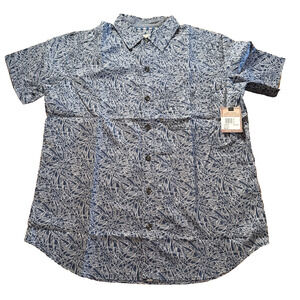 Old Ranch Shirt Mens Large Blue Plaid Short Sleeve Button Up Marlin Print Cotton
